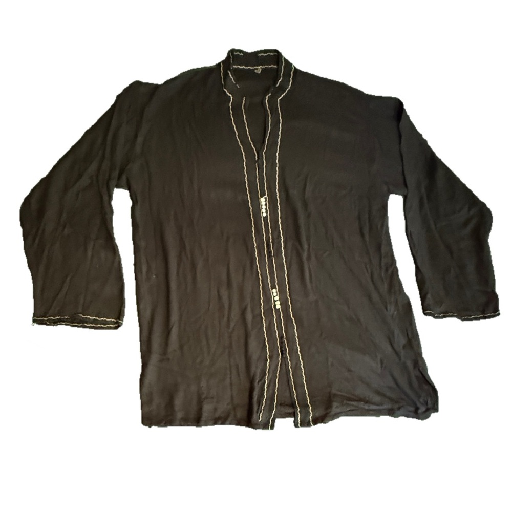 Vintage Boho Black Tunic Shirt w/ Contrast Stitching – Flowy Fit